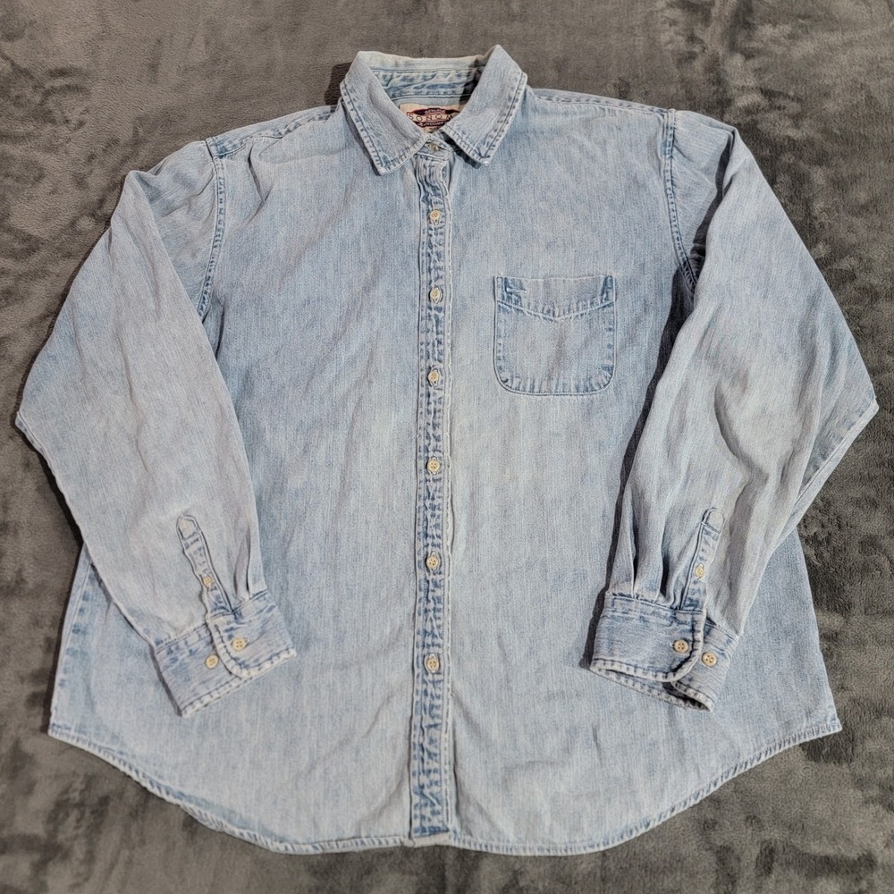 Vintage Denim Shirt Women Large Blue Distressed Barn Farm Chore Art 90s Sonoma